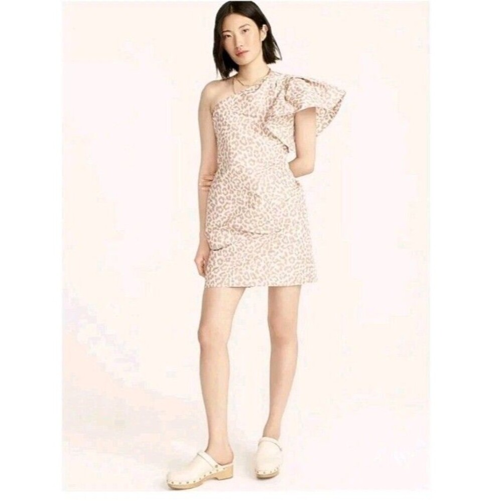 J.Crew One Shoulder Ruffle Dress In Italian Ikat Leopard Lined BB318 Size 10 NWT